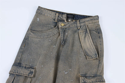 Women Cargo Stacked Jeans, Paint Splatter Jeans Size