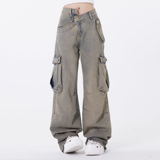 Women Cargo Stacked Jeans, Paint Splatter Jeans Size